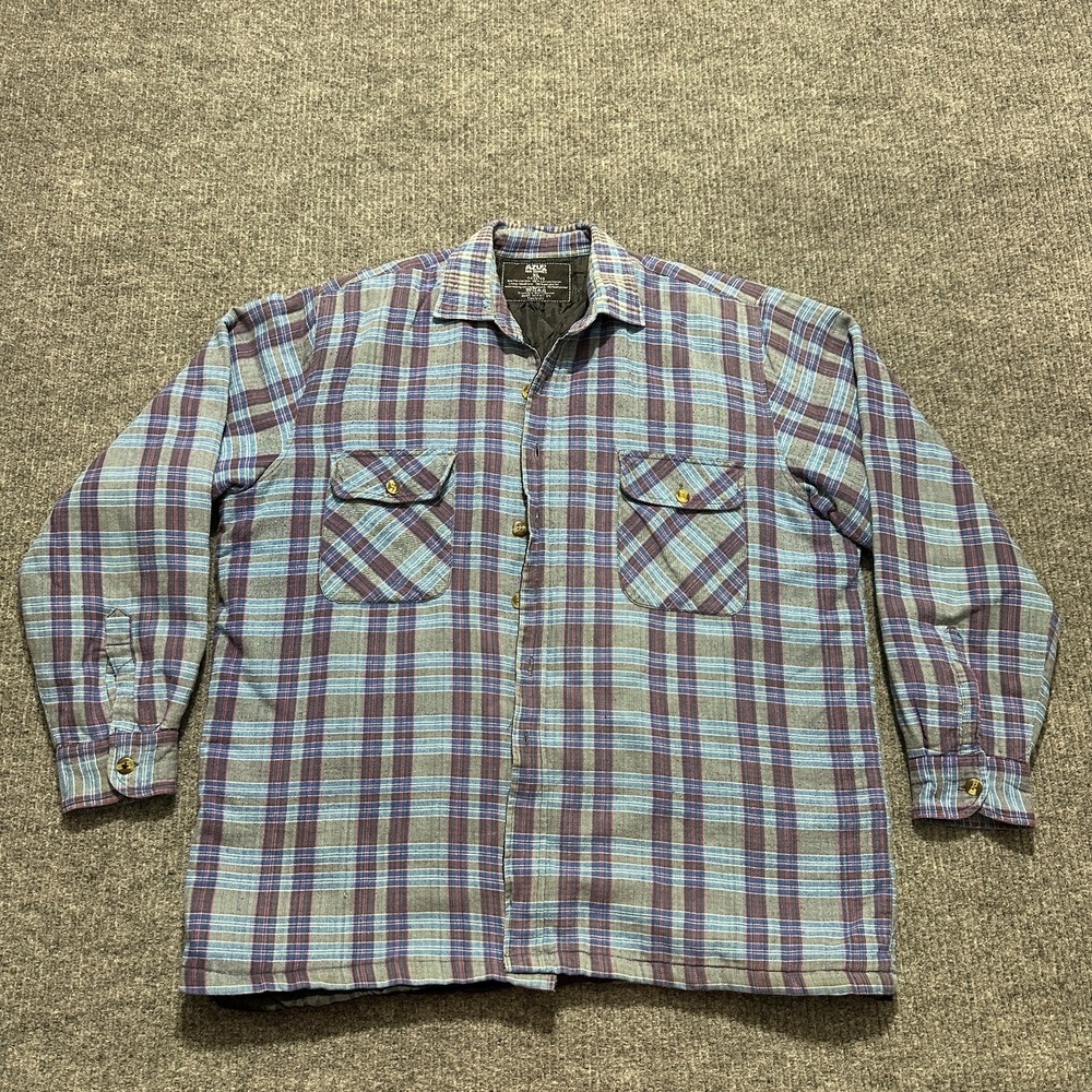 Azur Mens Button Up Shirt Size XL Blue Purple Plaid Quilted Lined‎ Long Sleeve